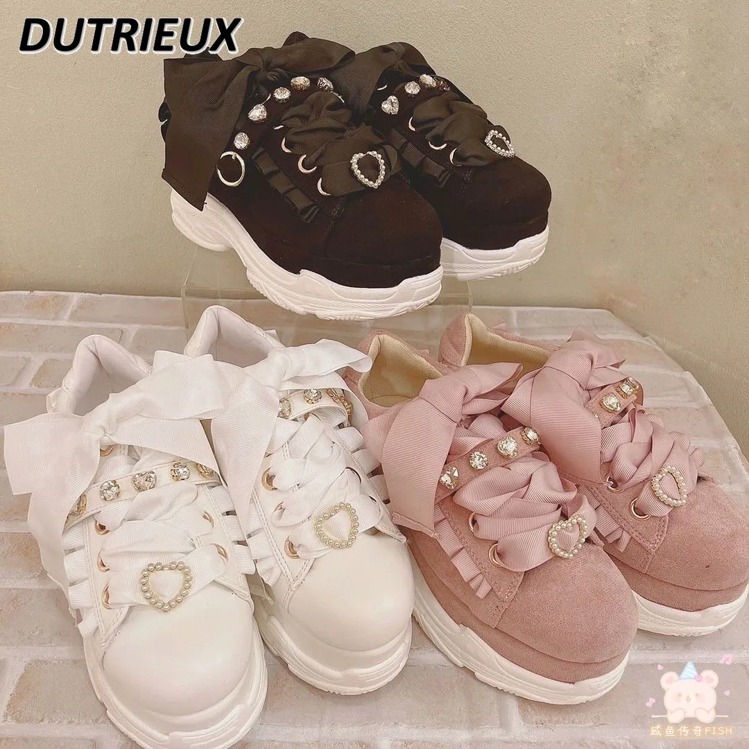 

Kawaii Girls Shoes Lolita Rhinestone Love Lace Mine Series Mass-Produced Sub-Culture Cute Platform Shoes Sneaker Casual Shoes