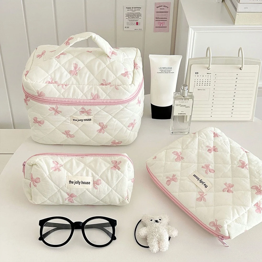 Women Cosmetic Bag Cotton Quilted Cute Bow Makeup Pouch Travel Portable Wash Toiletry Storage Bag Organizer Purse Multisize