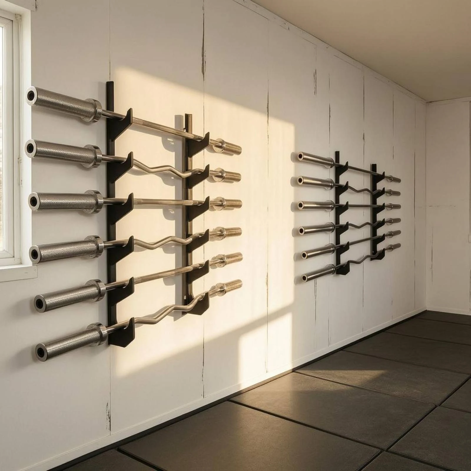 Soporte de Pared para Barras con Pernos de Expansión Incluidos, Soporte de Pared para Almacenamiento de Barras con 6 Ranuras, Soporte de Pared para Barras de 90 cm de Altura para Gimnasio en Casa