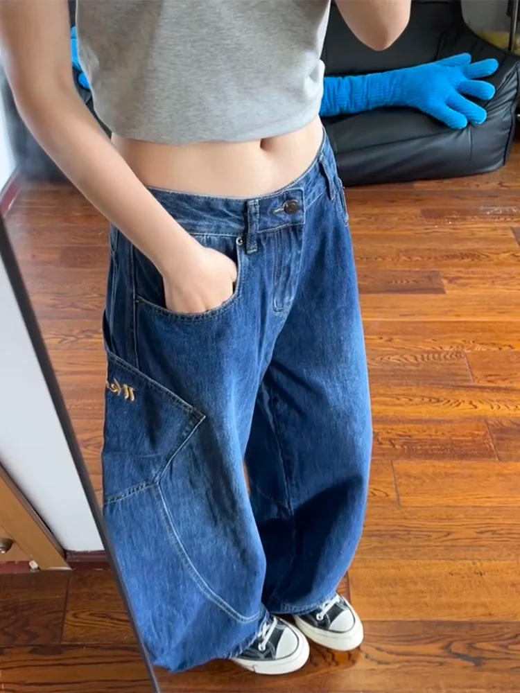 

Темно-синие джинсы с большим ножом, свободные широкие брюки, винтажные американские брюки, весенне-осенние джинсовые брюки, молодежная мода