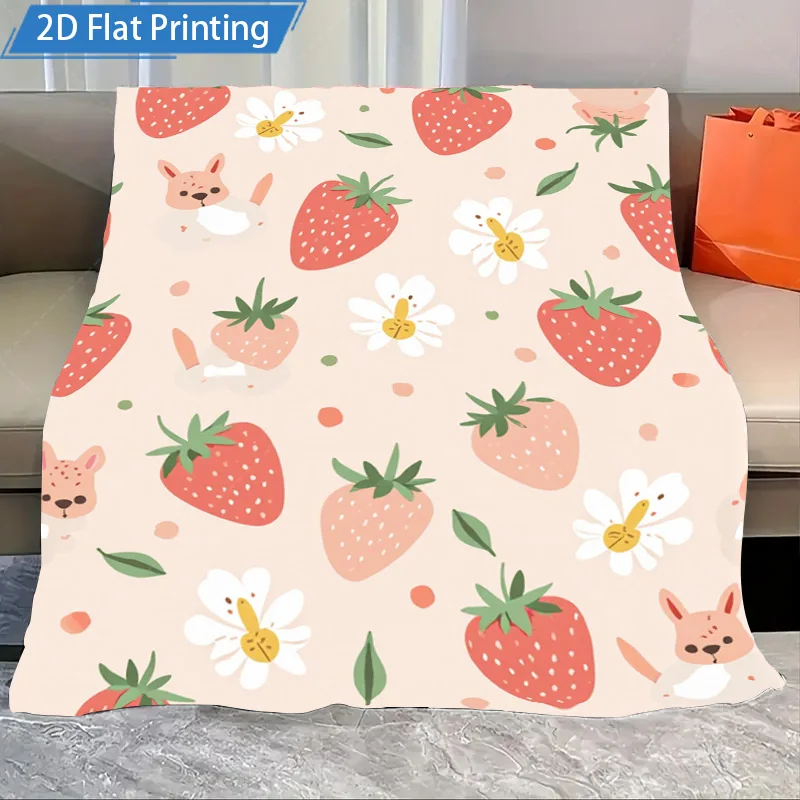1pc Flannel Blanket Cute Strawberry Rabbit Print Blanket Soft Cozy Throw for Kids Room Decor 2D Flat Printing