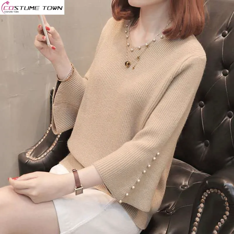 2023 New V-neck Pullover Sweater Spring and Autumn New Beaded Horn Sleeves Korean Version Loose and Slim Knit Fashion