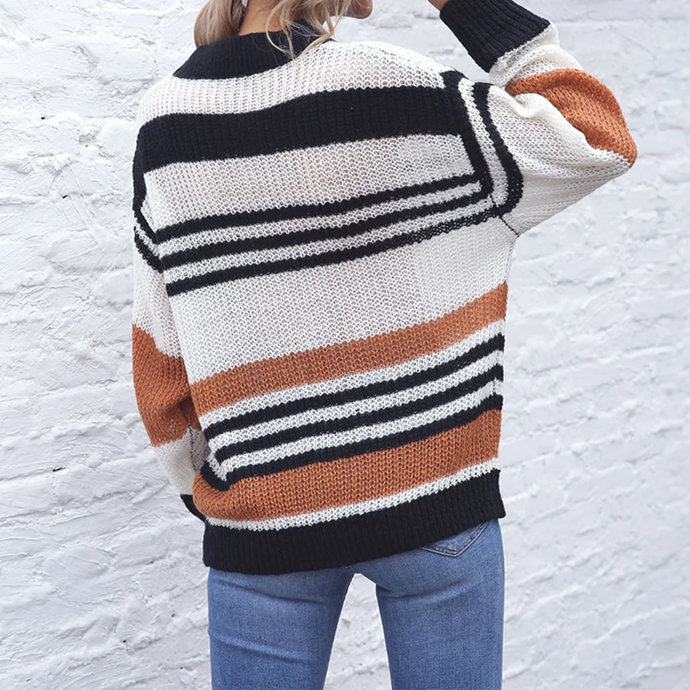 Sweter damski Mia Muse Winter Fashion Basics Contrast Color Stripe Long Sleeve Crew Neck Daily Sweater