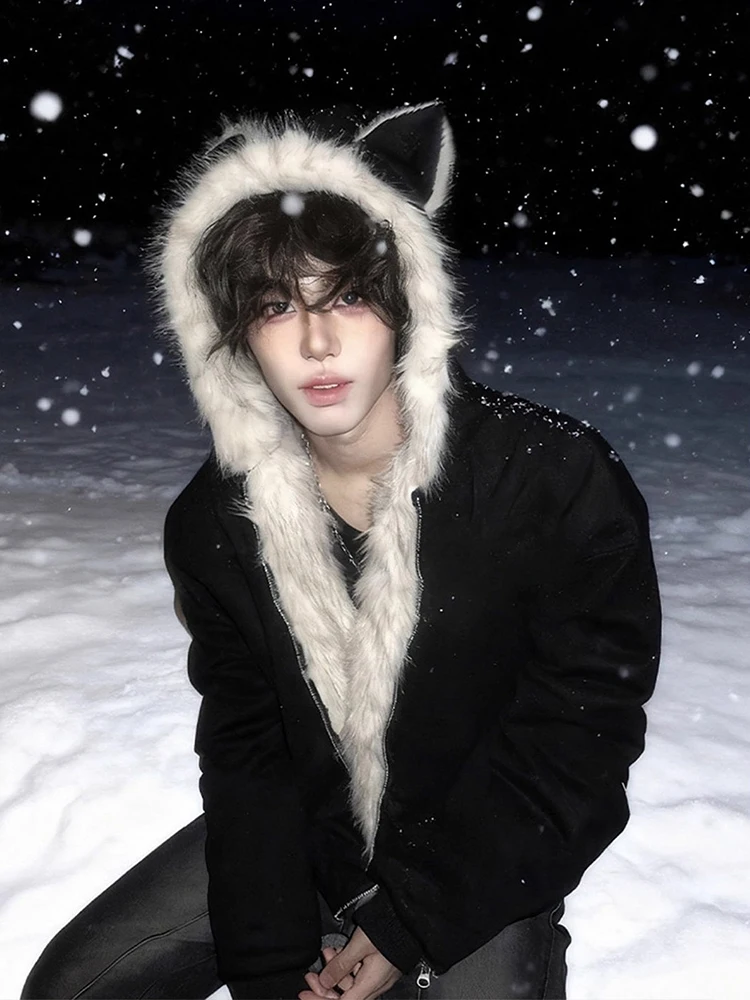 

Cleanfit Men's ort Thiened Fce Lined Hooded Cotton Jaet Winter Warm Casual American Sle Ears Coat Youth