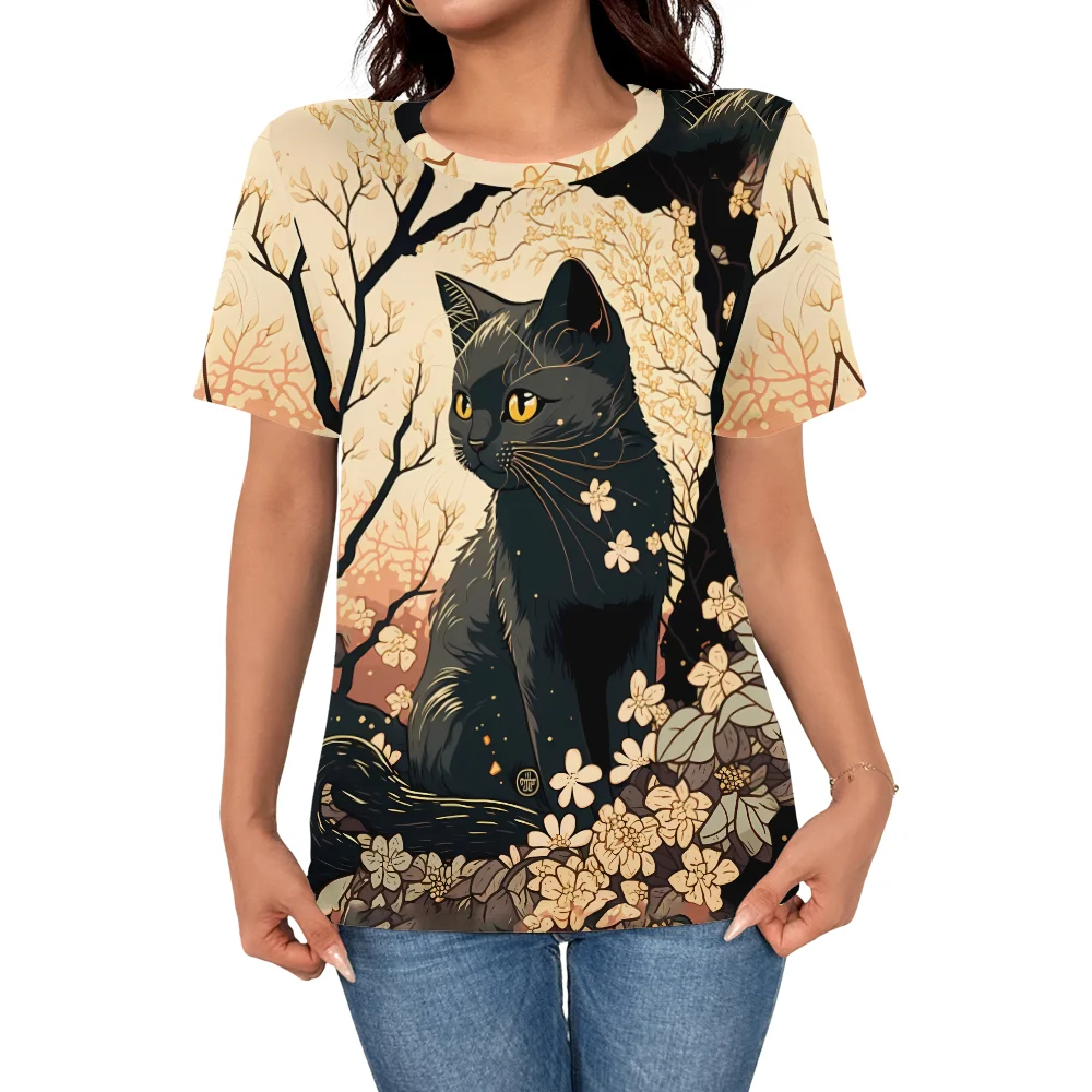 

Женская черно-бежевая футболка с принтом черного кота и цветов, повседневная модная стильная летняя футболка с круглым вырезом и коротким рукавом, уличная одежда Y2K