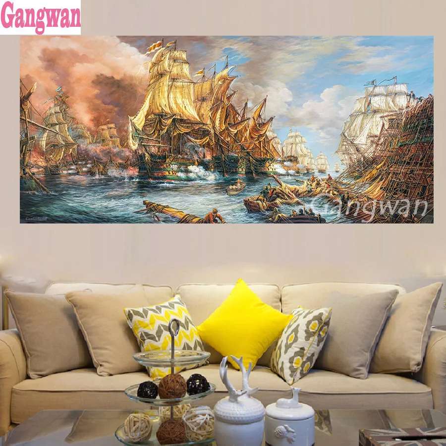 large 5D diamond painting battle at sea ship boat landscape cross stitch DIY craft square drill full diamond embroidery mosaic