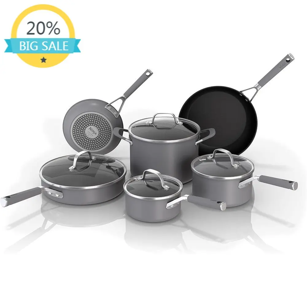 

Набор посуды из 10 предметов с антипригарным покрытием и удобными ручками: сковорода, сотейник, кастрюля, все крышки, пригодно для мытья в посудомоечной машине и использования в духовке до 400°C. ° Ф