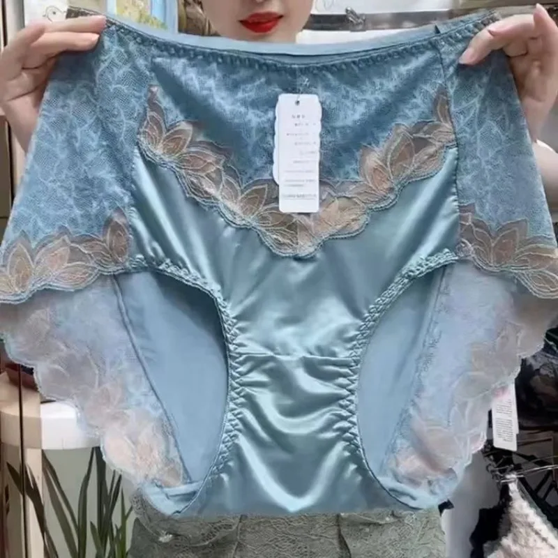Custom Plus Fat Plus High Waist Embroidered Lace Stitching Panties Women Do Not Roll Edge Ultra-thin Soft Belly Triangle Comfort