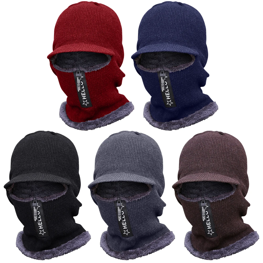 Winter Thick Knit Beanie Cap with Brim Unisex Winter Warm Hat Balaclava Beanie Hat Neck Warmer for Cold Weather