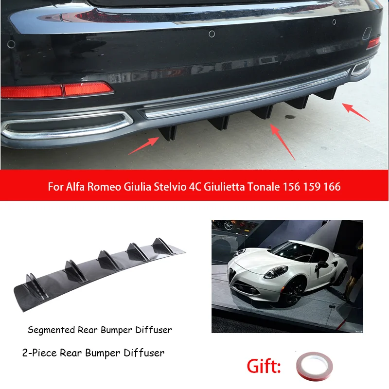 For Alfa Romeo Giulia Stelvio 4C Giulietta Tonale 156 159 166 ABS Rear Bumper Lip Diffuser Shark Fin Anti-collision