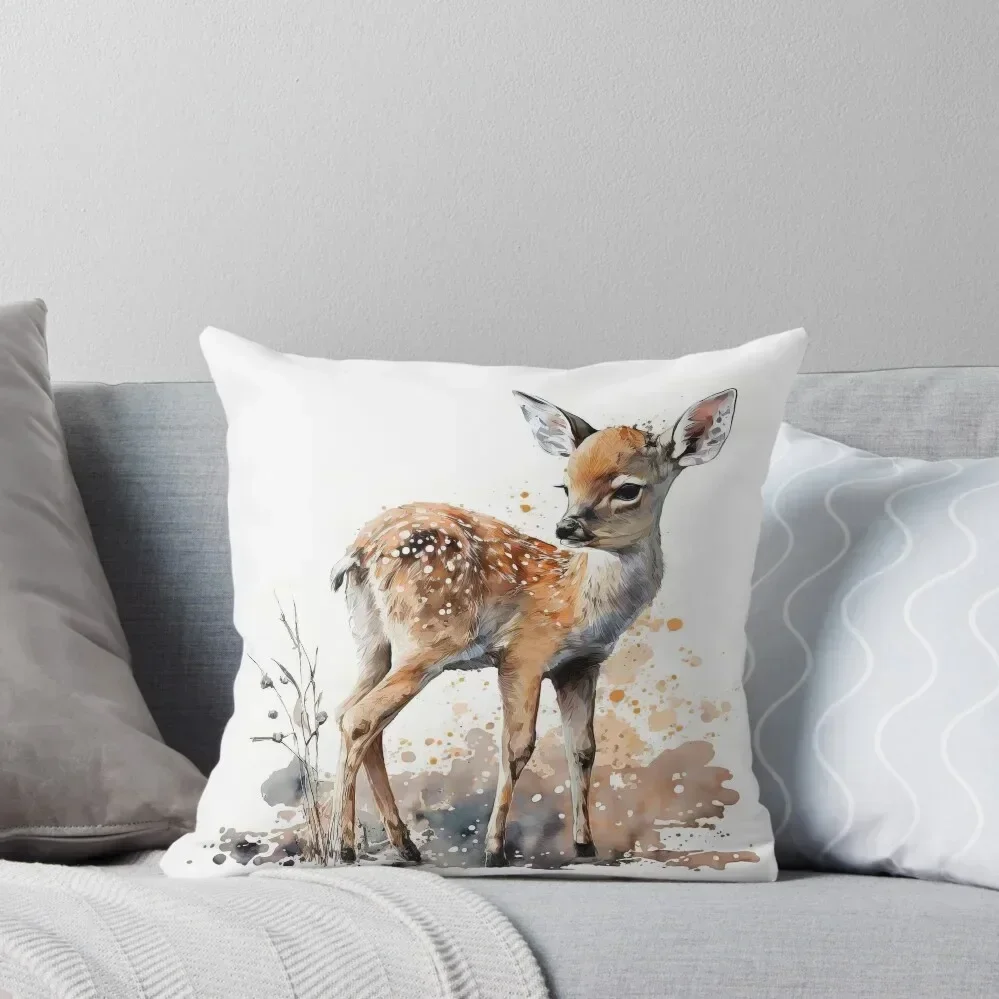 Watercolor Baby Deer, Standing at the Ground Cute Fawn Throw Pillow Christmas Cushion For Home anime girl pillow