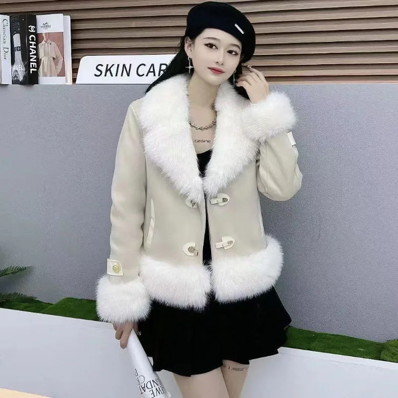 Fighting Against Mao Mao To Overcome Women's Short Overcoat Fashion Loose Imitation Fox Fur Collar Jacket 2023 New Autumn Winter