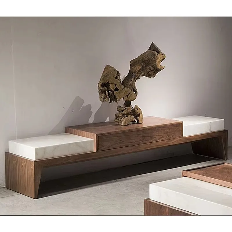 -ForModern TV Stand with Marble Tabletop Walnut-Colored Wooden Frame Minimalist Design Living Room Furniture&