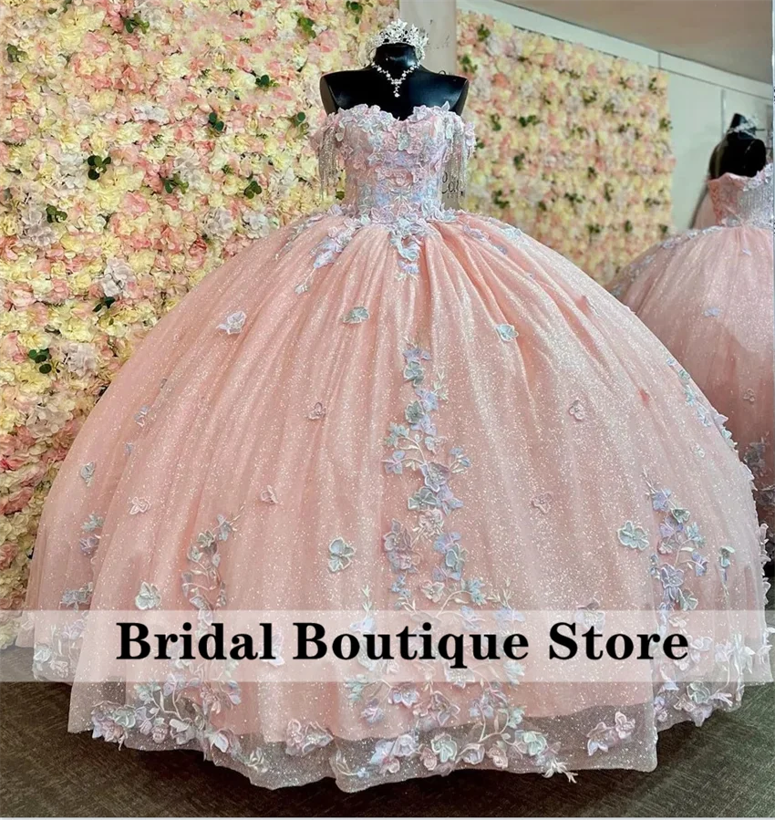 

Glitter Princess Pink Quinceanera Dress Ball Gown Sweet 16 Dress Beads Flower Appliques Tassels Birthday 15th Gown Customized