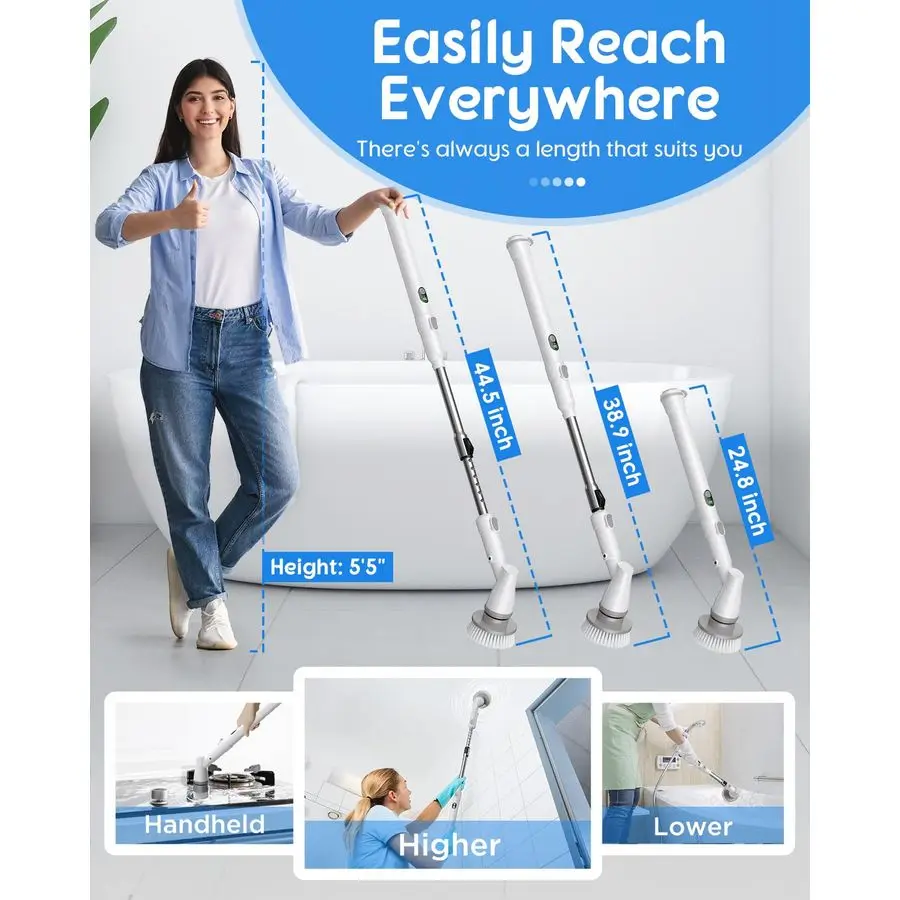 Spin Scrubber with Big Display, Fast Charging Cordless Cleaning Brush with Adjustable Long Handle, 2 Speeds amp 4 Replaceable Br