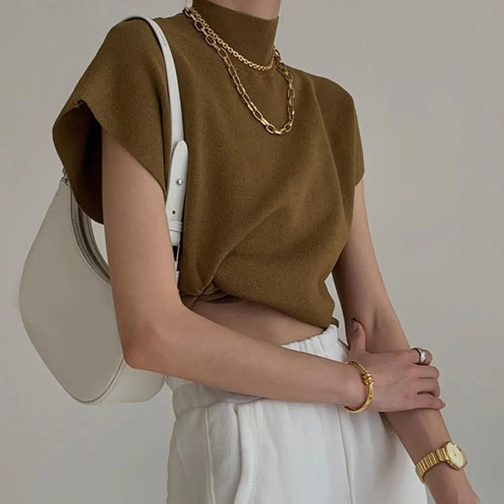 

2025 Autumn Solid Stand-up Collar Knitted Blouse Vest Short Sleeve Office Lady Shirt Elegant Long Sleeve Tops Woman Clothing Hot