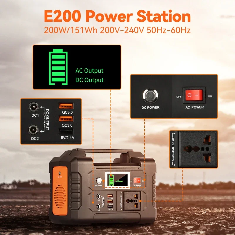 Portable Power bank Station 200W 40800mAh Emergency Power Supply for Outdoor Work Camping with LED Light Power Supply Station