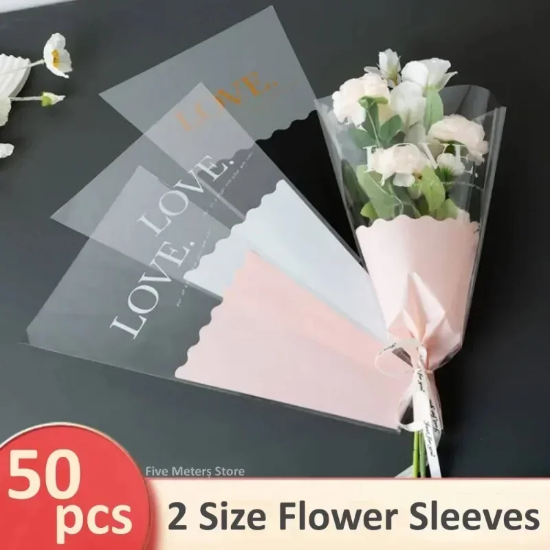 50pcs L/S Size Rose Sleeves Flower Wrapping Bag Bouquet Packaging Bags Clear Cellophane Floral Wrappers For Valentine'S Day