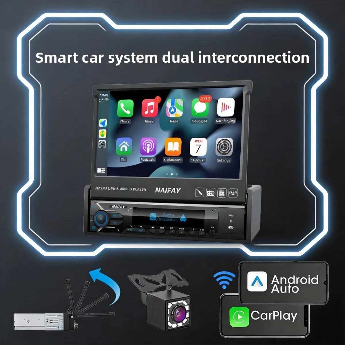 

1 Din Car Radio 7" Retractable Touchscreen, Carplay Android Auto Player with Rear Camera Bluetooth USB AUX TF Suppor