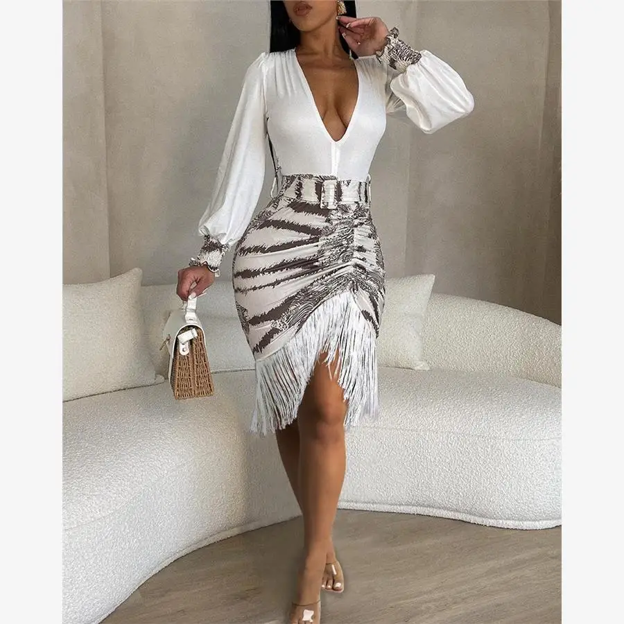 

Полиэстеровое платье с принтом «зебра», глубоким вырезом, драпировкой, бахромой, сексуальное, с высокой талией, длинное, с V-образным вырезом, весна-лето