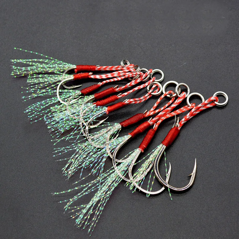 

10pcs/Lot Slow Jigging Fishing Cast Jigs Assist Hook Barbed Single Jig Hooks Thread Feather Pesca High Carbon Steel Fishing Lure