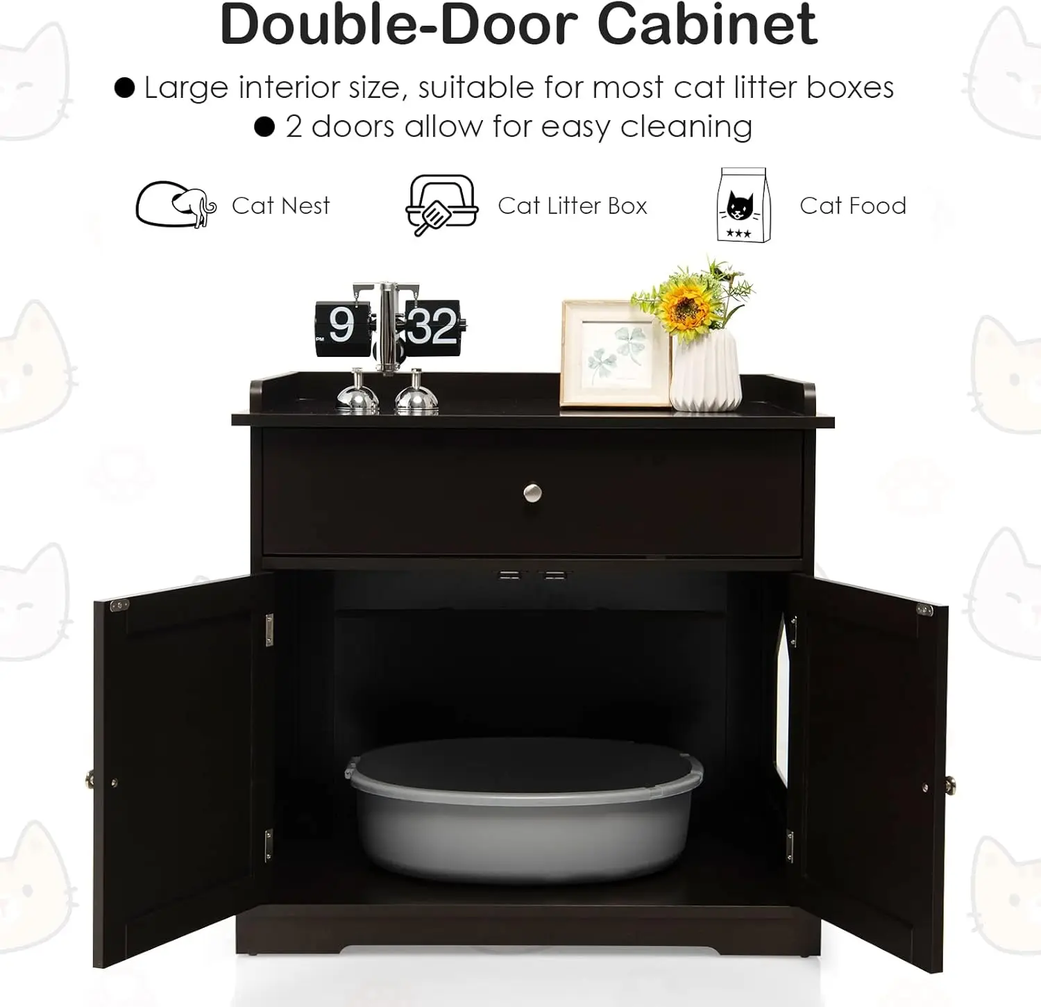 Cat Litter Box Enclosure, Large Cat Washroom End Table with Drawer & 2 Doors, Wooden Cat House Storage Cabinet, Hidden Litter