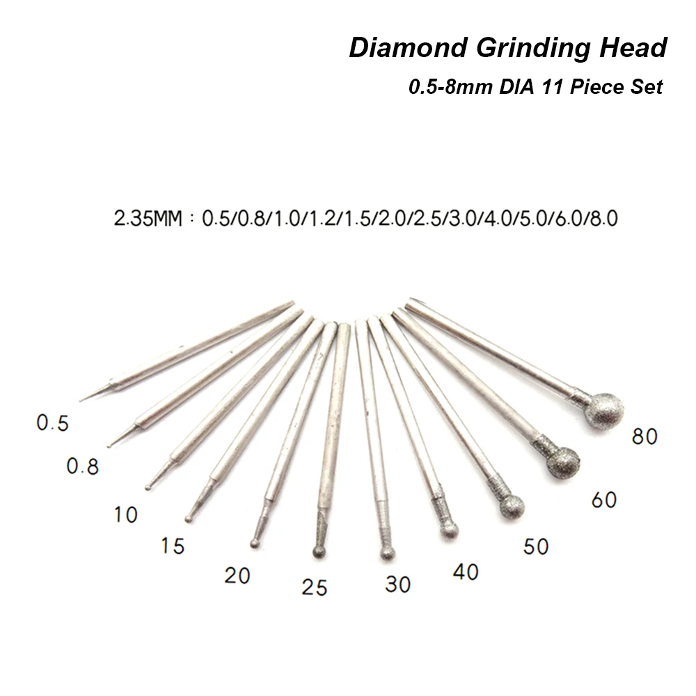 

11Pcs 0.5-8mm Spherical Diamond Grinding Head Mounted Point Bits Burrs Engraving Polishing Abrasive Tool 2.35mm Shank for Dremel