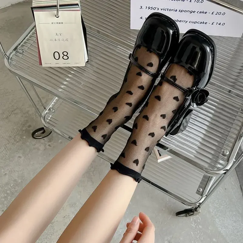 Women Sexy Ruffled Love Heart Pattern Thin Long Socks JK Uniform Lolita Sweet Glass Fiber Transparent Ins Style Black Lace Socks