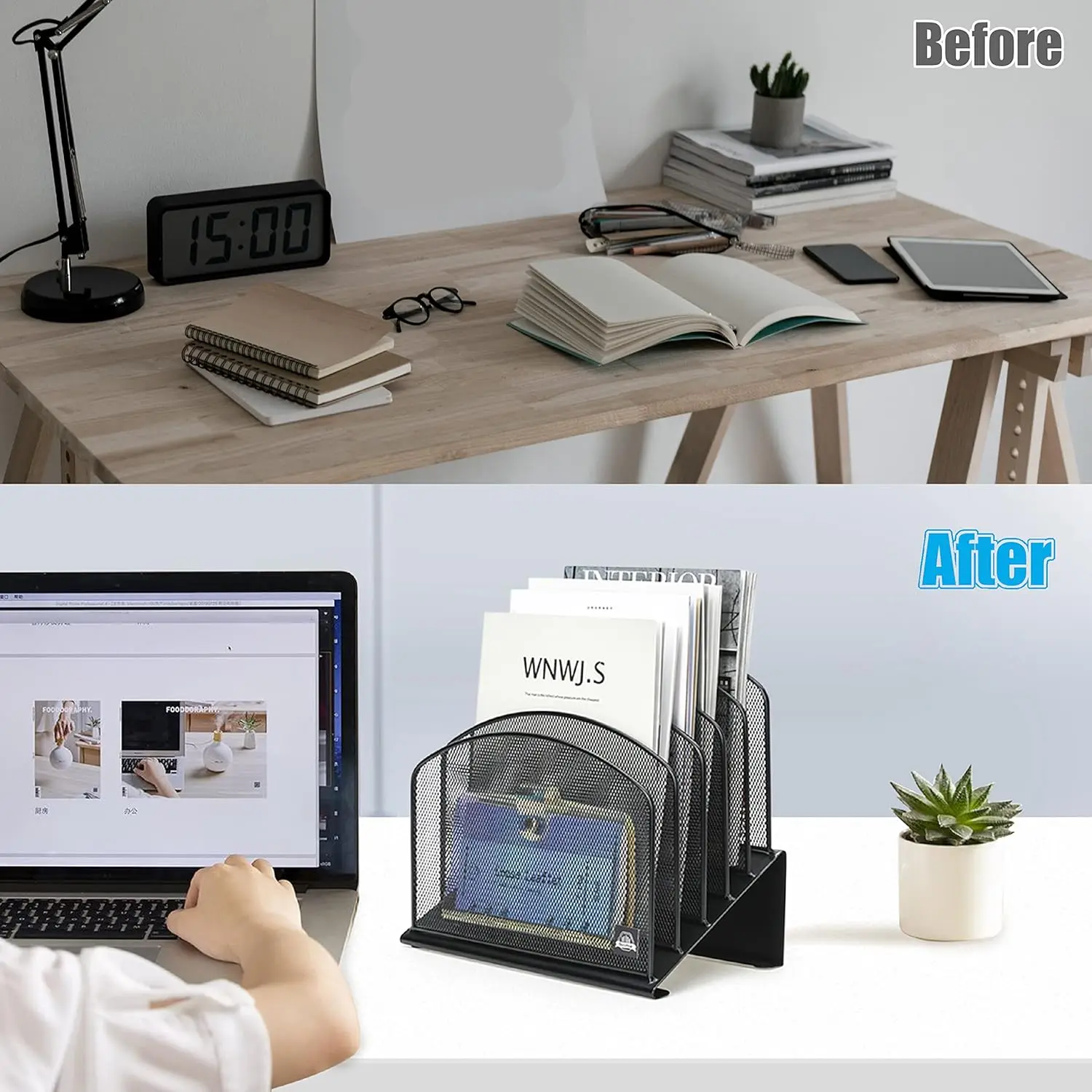 5-Section Vertical File Folder Holder Stand Metal Rack File Sorter for Office Classroom Desktop Organization