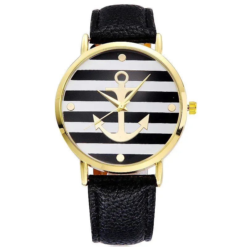 Watch Women Men Minimalist Striped Anchor Belt PU Leather Quartz Watches Multicolor Casual Watch Female Relogio Feminino Buckle