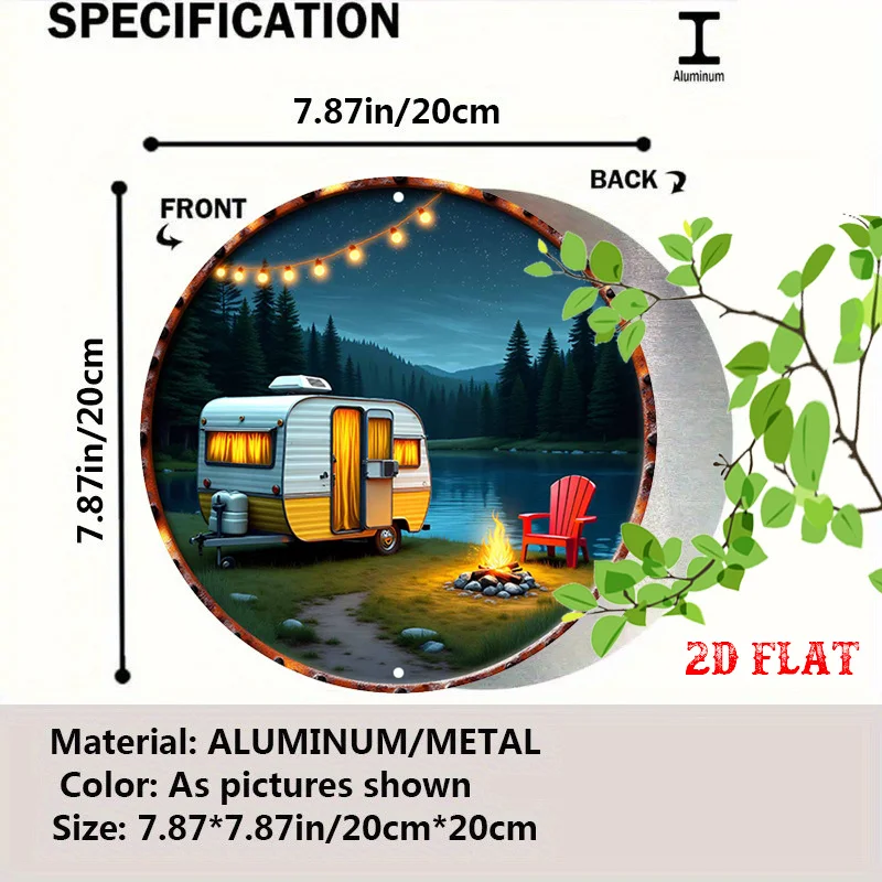 2D Flat - One-Piece 2D Flat Camping Adventure Aluminum Tin Sign, Round Aluminum Sign for Lakeside Escape, 7.8X7.8 Round Aluminum