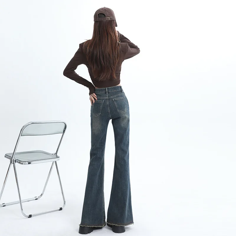 BOWEYLUN جديد ريترو دو قديم مايكرو متوهج الجينز للنساء الخريف عالية الخصر مهدب سبليت الدينيم بنطال ذو قصة أرجل واسعة للإناث