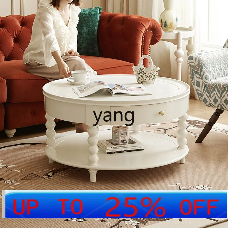 

LH French cream wind coffee table living room household small apartment round solid wood coffee table