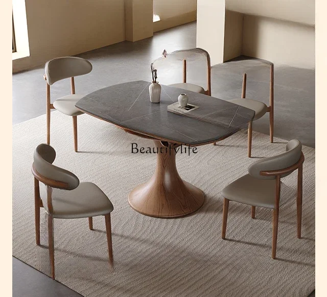 

Ash wood retractable dining table in the ancient style solid wood rock slab small waist square circle dual-purpose