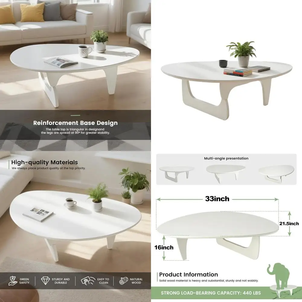 

Modern Triangle Coffee Table: Funky Living Room Furniture, Oval Abstract Tea Table for Patio, Office, Balcony, Bedroom - White,