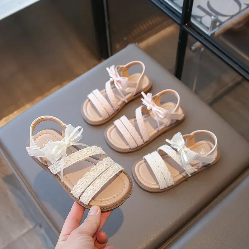 

Летние модельные сандалии для маленьких девочек, модные милые детские кружевные сандалии принцессы с бантом, новые детские повседневные сандалии для свадебной вечеринки