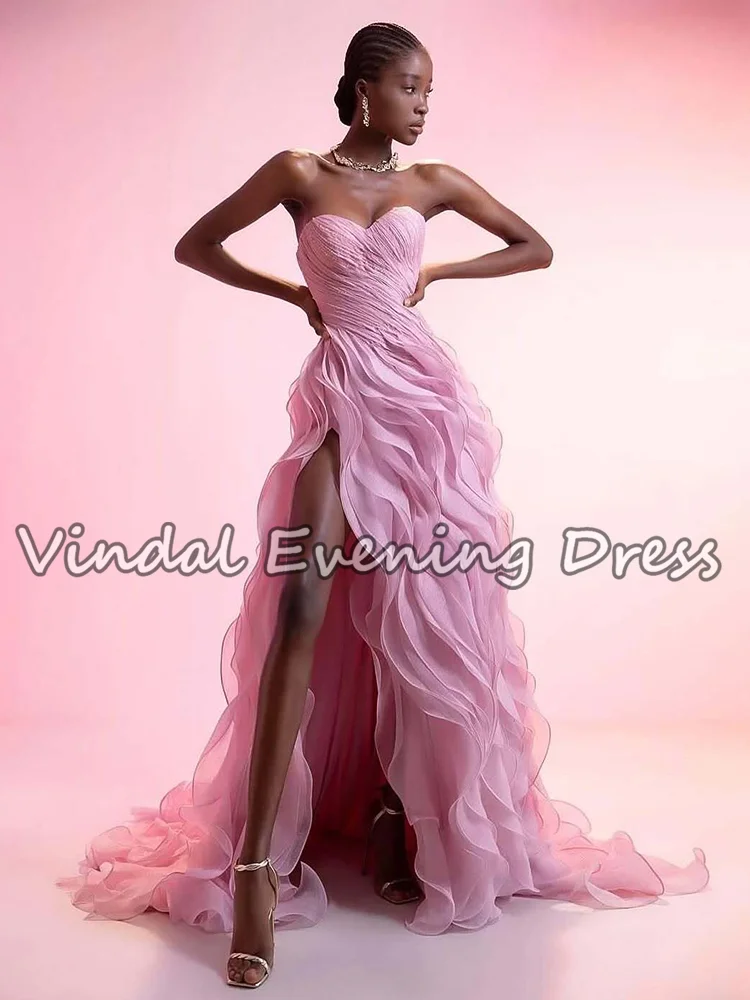 Sukienki wieczorowe Vindal Pink bez ramiączek, plisowane, dla kobiet, z falbanami, warstwowe, z rozcięciem z boku, w kształcie litery A, sukienki na studniówkę, suknie wieczorowe, szyte na miarę.