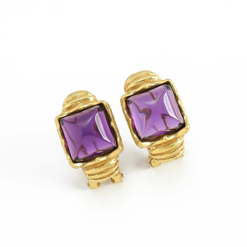 Vintage Smooth Square Purple Glass Earrings Gold Color Trendy Art Deco Jewelry For Woman Luxury Brand High Quality Gift 2026