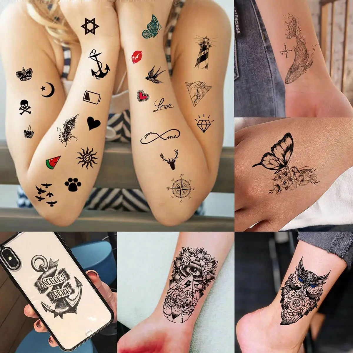 66 Sheets Small Black Animals Temporary Tattoos For Women Men Finger Arm, Tiny Space Moon Star Halloween Tattoo Stickers Fake
