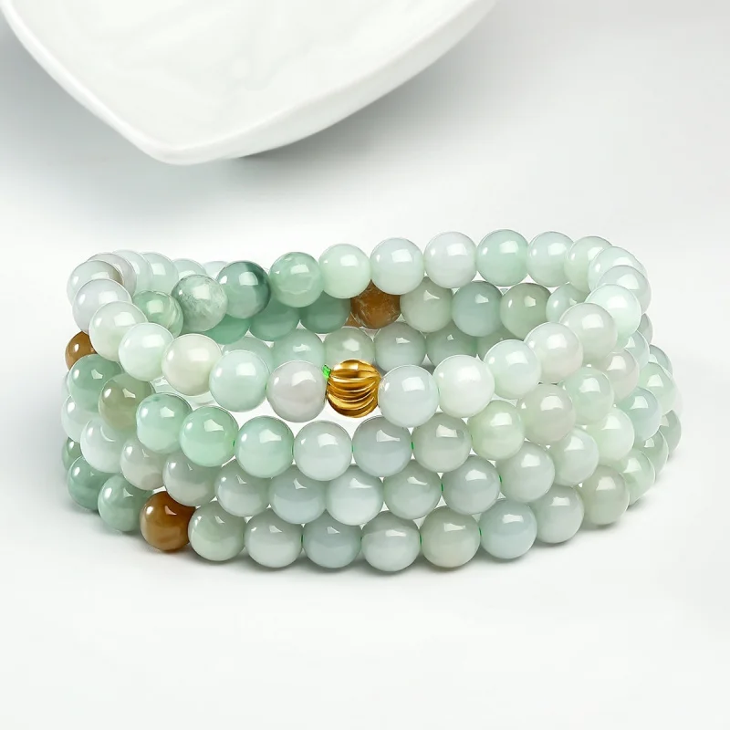 Natural A- Level Jade 108 Buddha Beaded Necklace Bracelet Three-Color round Beads Four-Circle Brace