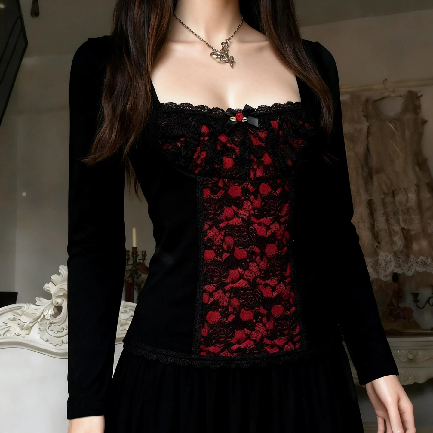 SUCHCUTE Gothic Lace Patchwork Square Neck Long Sleeved T-shirt Sexy For Women Basic Slim Top Y2k Streetwear Shirt Autumn Spring