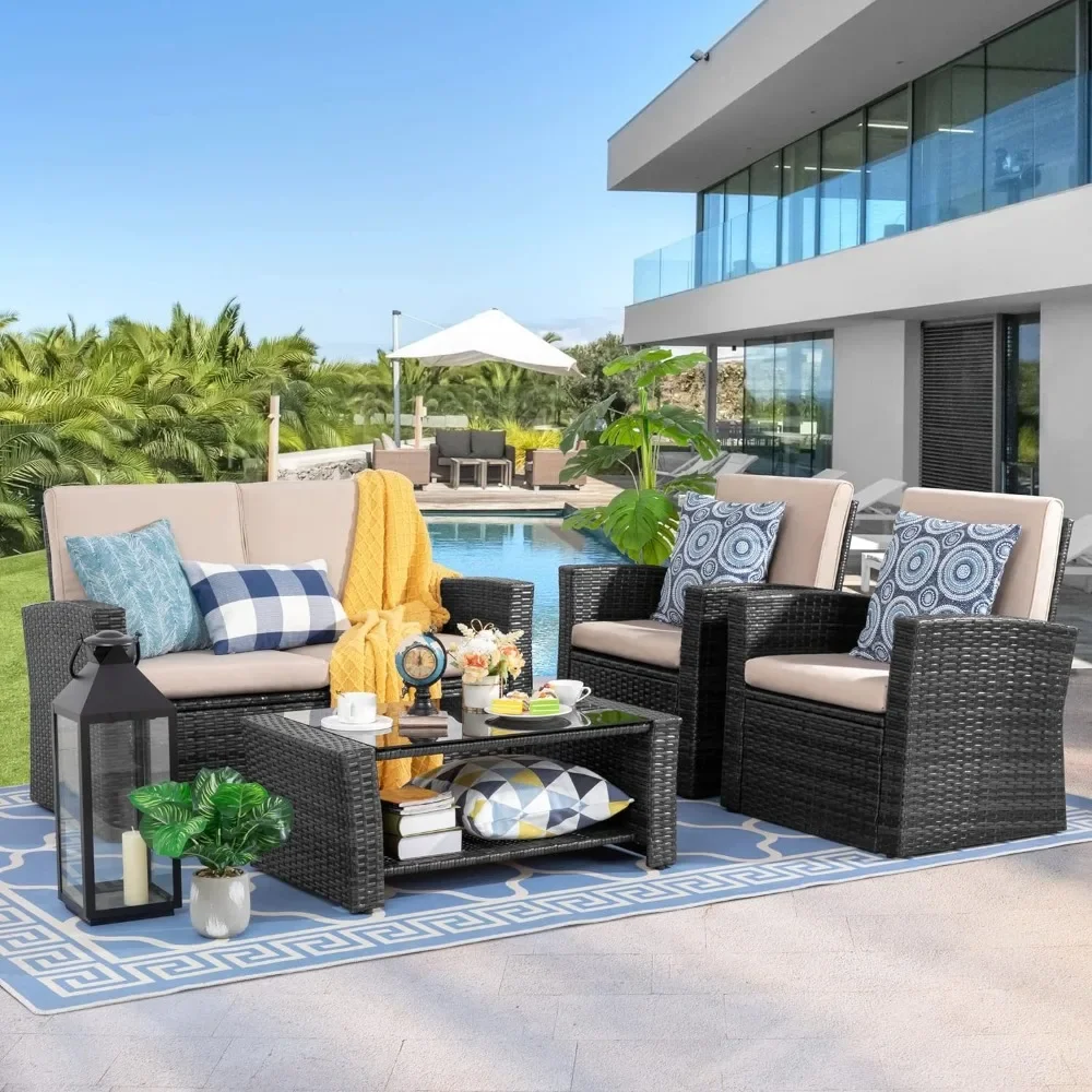 

4-Piece Outdoor Patio Furniture Set, Wicker Rattan Sectional Sofa Couch with Glass Coffee Table | 48.8 x 24.4 x 26.8 inches