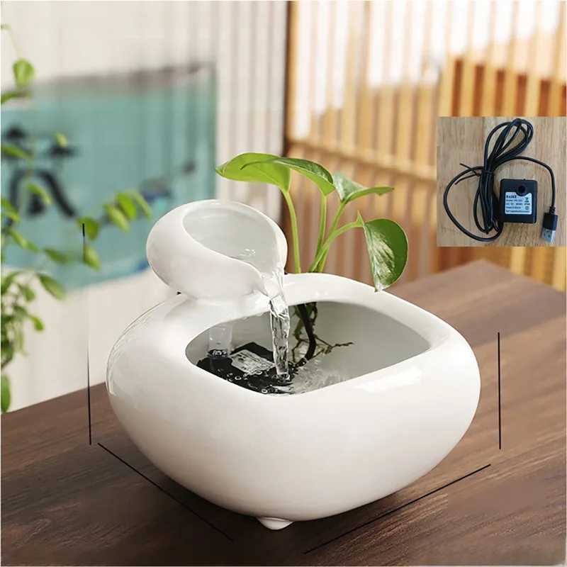Ceramic Tabletop Water Fountain, Creative Flowing Water Recirculating Decor, Small Indoor Waterfall for Desk Office Home Zen
