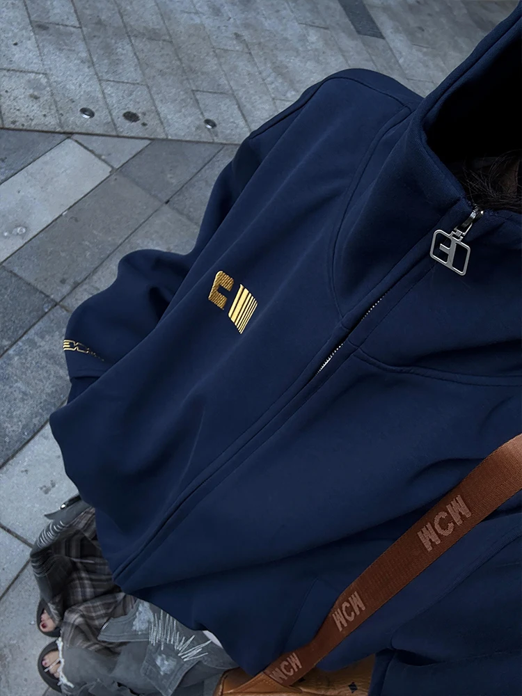 

American High Street Embroidered Hooded Sweatirt Women's Autumn Winter Loose Open Cardigan Jaet Casual Trendy Brand