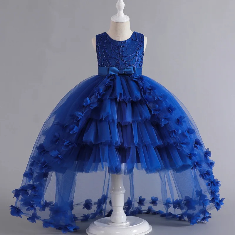 Vestido de cola para niñas, vestido de fiesta de princesa, vestido de boda elegante con flores, vestidos de cumpleaños con lazo grande para niñas y niños