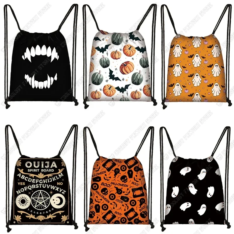 Sac à dos imprimé joyeux Halloween, sacs à cordon de serrage citrouille, sac de jour chauve-souris araignée, porte-chaussures Ouija, sacs d'école de sorcière, sac de livre fantôme