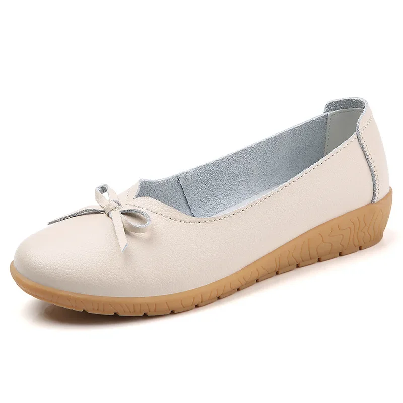 2022 Women Flats Ballet Shoes Genuine Cowhide Leather Breathable Moccasins Boat Ballerina Ladies Casual Loafers Off White