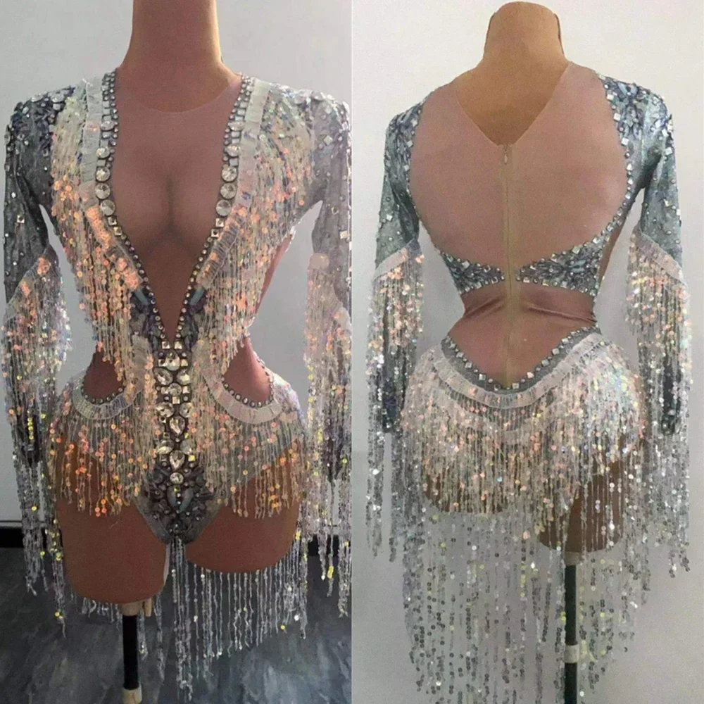 Vrouwen Perspectief Sexy Body 2026 Shining Silver Rhinestones Kwastje Turnpakje Pole Dance Latin Stage Drag Queen Kostuum Bar DJ