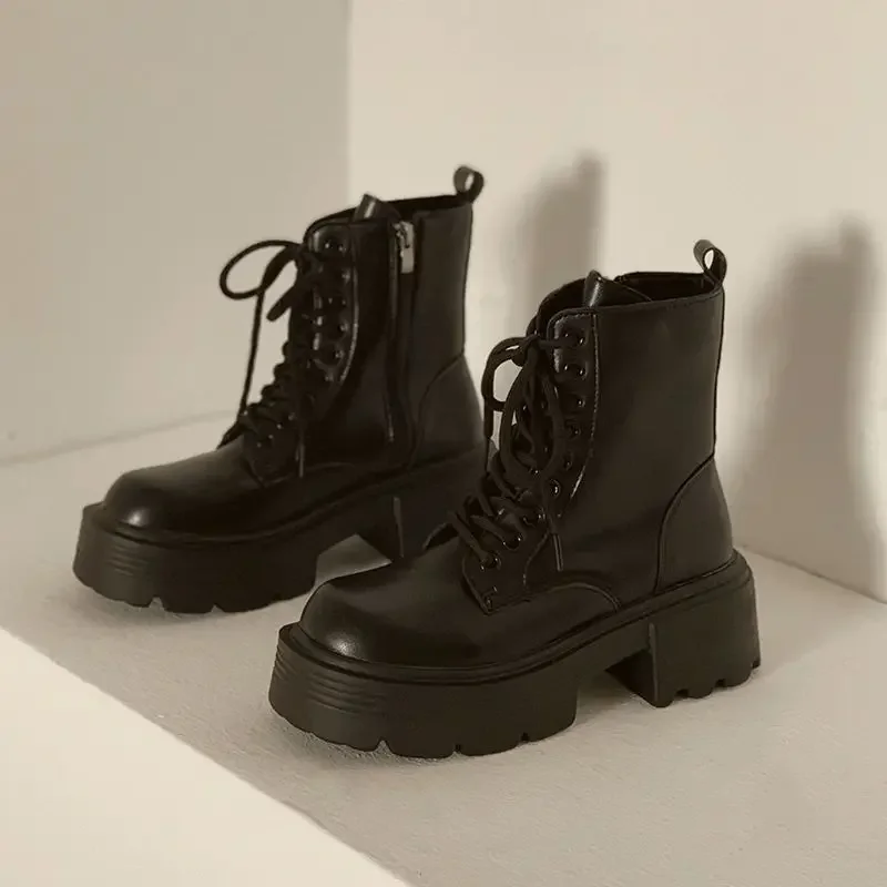 Women\'s Stylish Ankle Boots Strap Platform Non-slip Motorcycle Boots Comfortable Vintage Pu Riding Boots Botines Para Mujeres