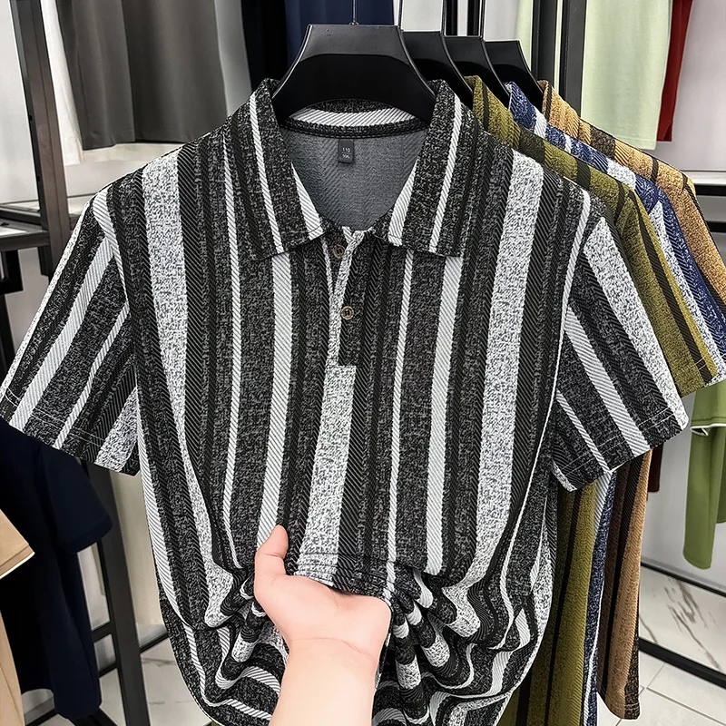 Herren Strukturierte Vertikal Gestreifte Kurzarm-Poloshirts Lässige Business-Oberteile Atmungsaktiv Knitterfrei Sommerkleidung – Detail 10